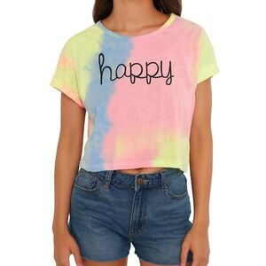 Tie Dye Happy Graphic‎ Crop Top Short Sleeve Casual Trendy Tee Fits like a small